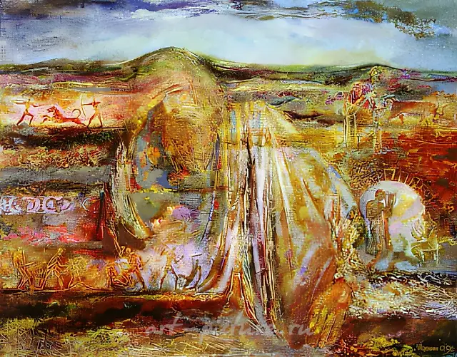 Burial Mound, 1996, canvas, oil, acrylic, 86x100