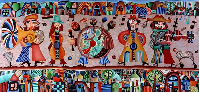 音乐家。献给马克·夏加尔。系列《礼物》，1993年，布面油画，65x144