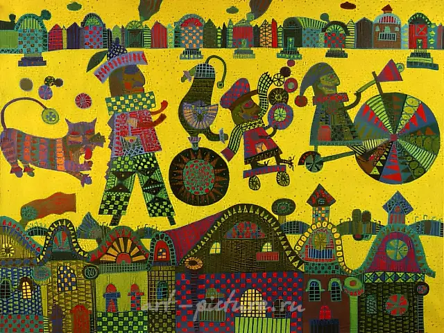 马戏团来到我们这里，1992年，布面油画，73x97厘米。私人收藏，芬兰。