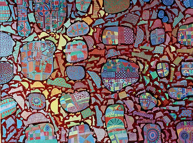 城市生活，1993年，布面油画，72x93厘米。私人收藏，德国。