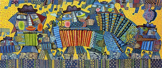 手风琴演奏者，1992年，布面油画，32x70厘米。私人收藏。