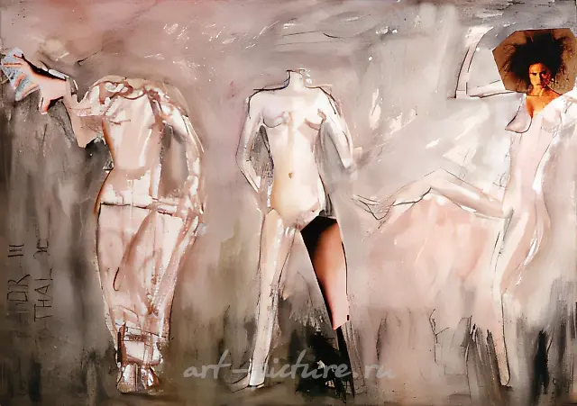 公元四世纪末的考古学，1996年，水粉画于纸上，拼贴，干墨，56x76厘米。作者私人收藏。