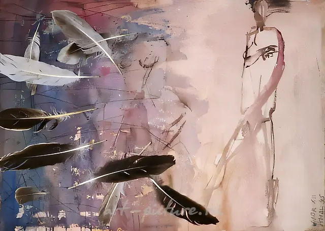 丽达与天鹅，1995年，水粉画纸，干墨水，拼贴，56x76。作者自藏。