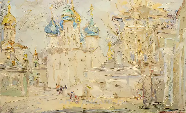 In late March. The Trinity St.Sergius Lavra, 1992, oil on canvas, 51 x 91 Kiev. Ministry