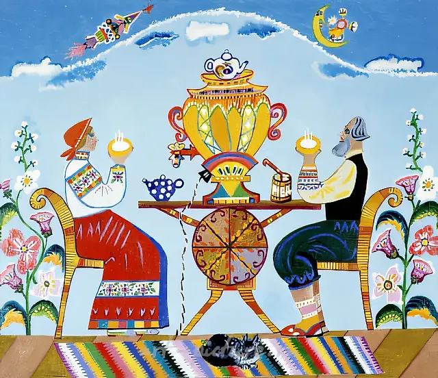 Чаепитие, 1973, холст, масло, 54x43 см. Государственный Владимиро-Суздальский историко-архитектурный и художественный музей-заповедник, Суздаль