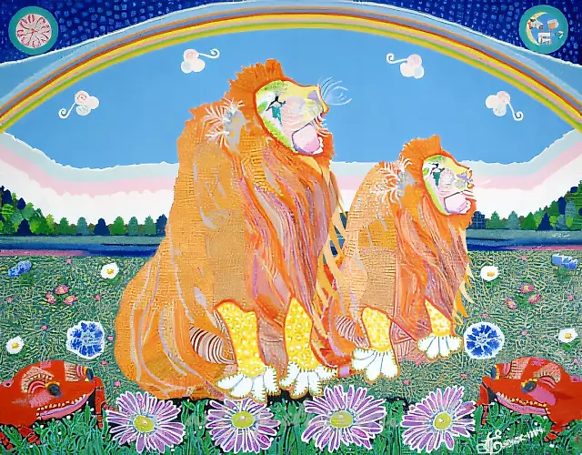 《笑狮》，1995年，布面混合媒介，100x80厘米。俄罗斯国家民间艺术之家，莫斯科。