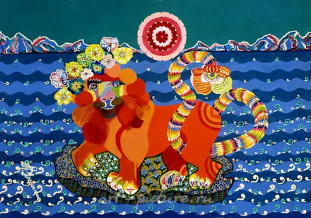 顽皮的狮子，1990年，布面，纸板，混合媒介，50x60厘米。俄罗斯国家民间艺术之家，莫斯科。