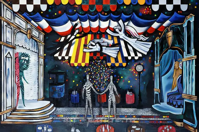 《你好，艾迪特·皮雅芙！》舞台剧布景草图。F. 伯尔曼，1980年，布面油画，110×82，弗拉基米尔州立话剧院。导演：F. 伯尔曼。