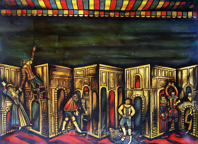 《堂·塞萨尔·德·巴赞》舞台布景草图。杜马努瓦和德内里，1978年，布面油画，80×60厘米。捷尔任斯基戏剧剧院。导演：奥·克尔斯滕。
