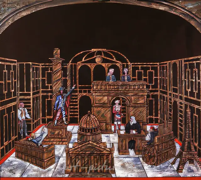 《穿裙子的将军们》话剧的布景草图。让·阿努伊，1989年，布面油画，100×90厘米，利沃夫军队剧院。导演：弗·别尔曼。
