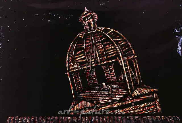 《有一天......》舞台布景草图。A.杜达列夫，1989年，布面油画，100×80厘米。赤塔州立话剧院。导演：叶·佐洛塔廖夫。