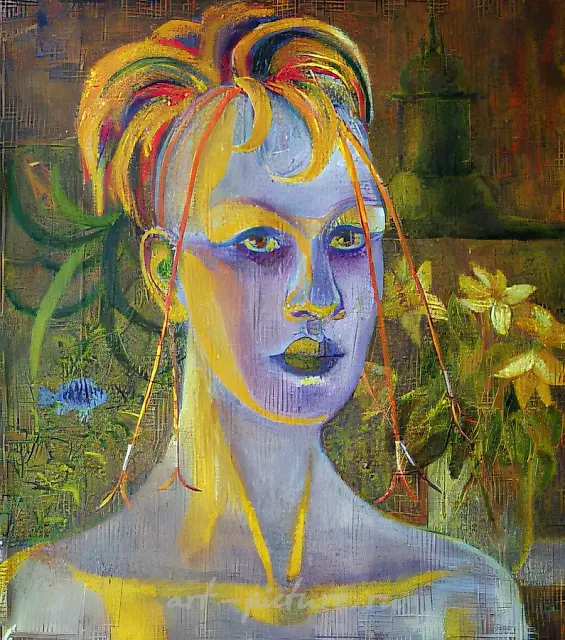 与小鱼的肖像，1988年，布面油画，35x35。作者收藏。