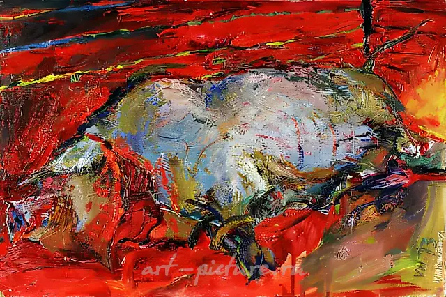 被宰杀的猪，1973年，硬质纤维板，油画，35x50厘米。私人收藏，俄罗斯。
