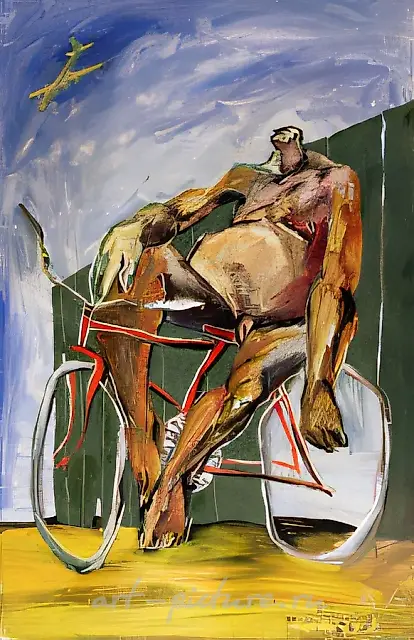 骑自行车的人，1973年，纸板，油画，50x35厘米。作者自藏。