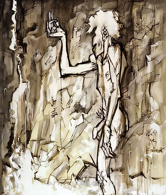 在山中的裸体。《鲁滨逊的日常》三联画之一，1993年，布面，丙烯，油画，170 x 150厘米。作者自藏。