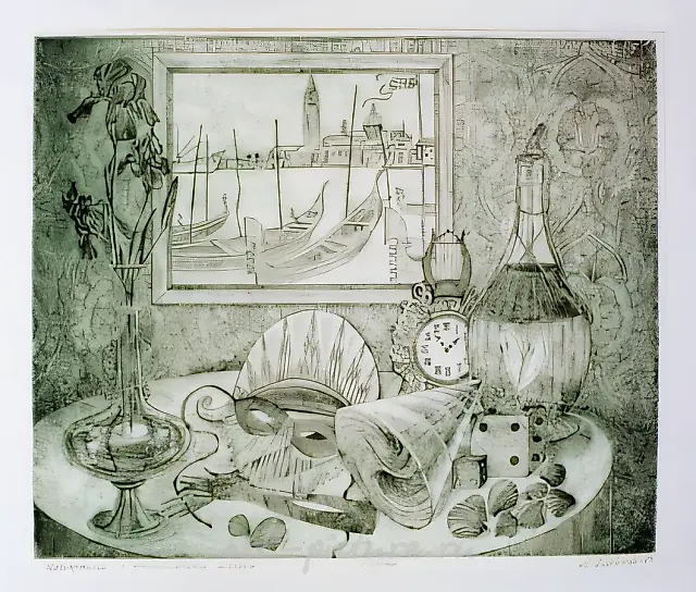 Still life with carnival mask, 1989,  etching,  34 x 28 cm
