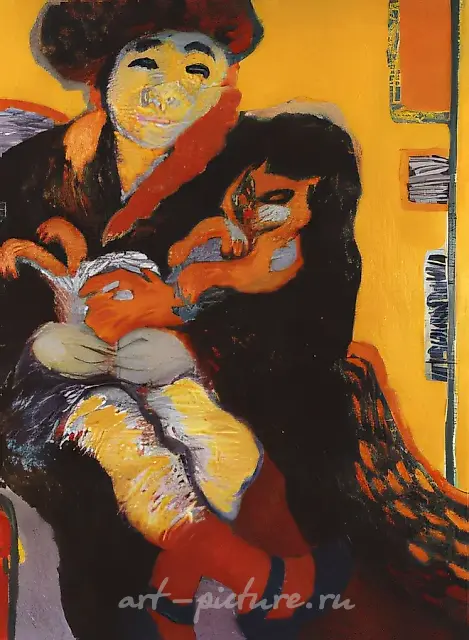 中国男孩与猫，1994年，布面油画，100x95厘米。私人收藏，第聂伯罗彼得罗夫斯克。
