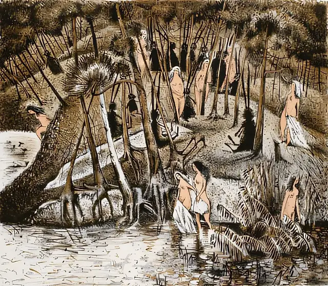 Swimmers with Hares, 1997, oil on canvas, 40x45