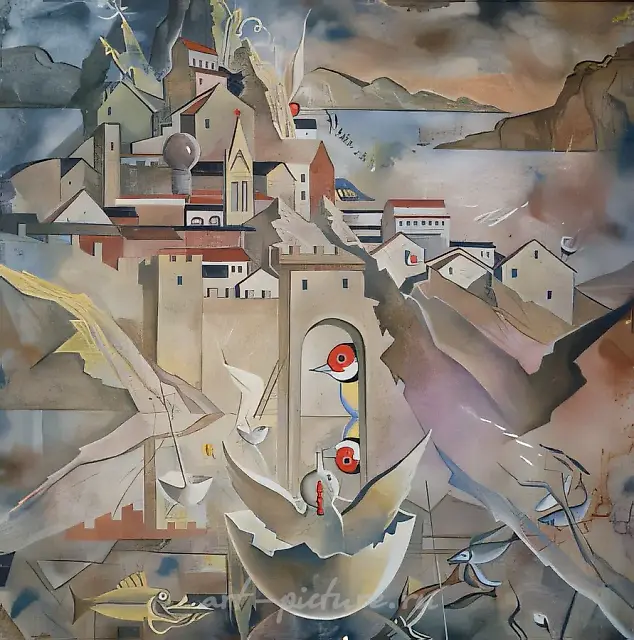 Nestling Visiting a Big City, 1997, oil on canvas, 80x80