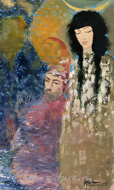 如同细雨，轻声呢喃：“晚安”，1997年，纸本、丙烯、金色薄膜，52 x 32.5