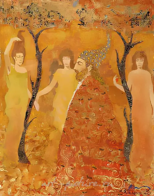 三位少女，三条细线……，1997年，纸本，水粉，金色薄膜，50 x 35