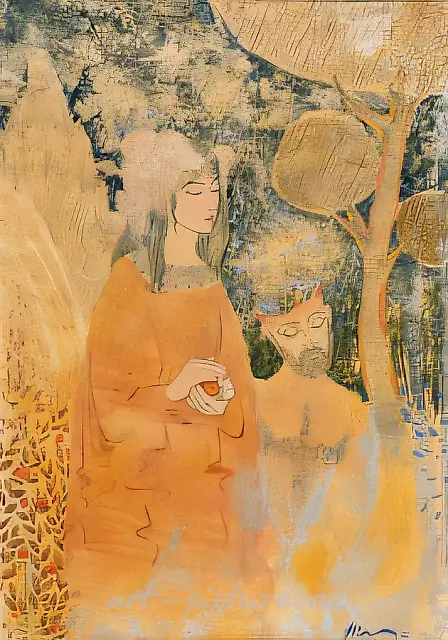 “月亮从山上分离出来...”，1996年，纸本、水粉、铅笔、金色薄膜，52.5 x 34.5