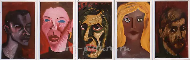Лица., 1977, картон, масло, 40 x 150