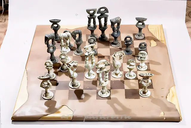 Chess "Archaic", 1996, chamotte, wood, leather, 80x80