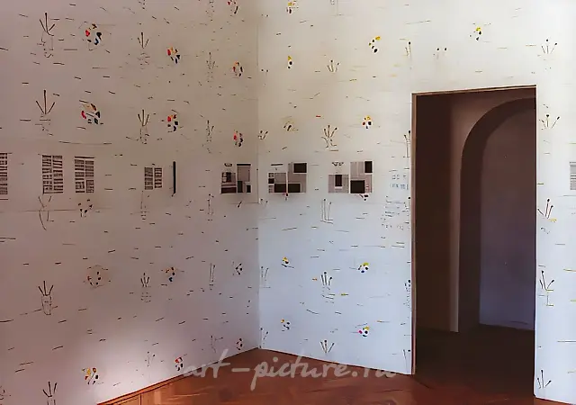 Handmade Work (with D. Gutov), coloured felt-tip pens on wall, indian ink, synthetic tracing paper. Fragment of installation. 2nd International Biennale, Cetinje, Montenegro