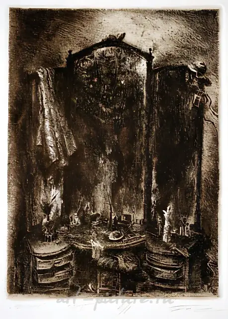 三折梳妆镜。选自《室内》系列，1984年，蚀刻、喷腐蚀版画，19x15厘米