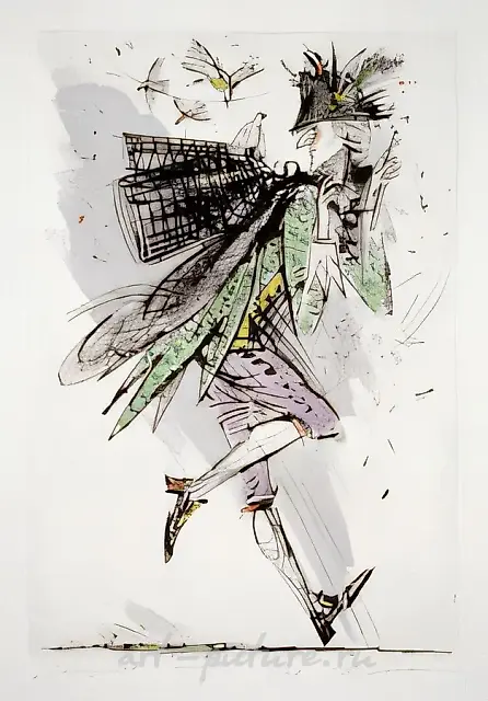 捕鸟人，1995年，蚀刻版画，干针，水彩，17x12