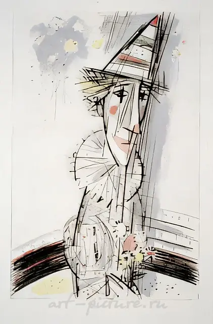 小丑与花束，1997年，蚀刻、干针、水彩，17.5x12