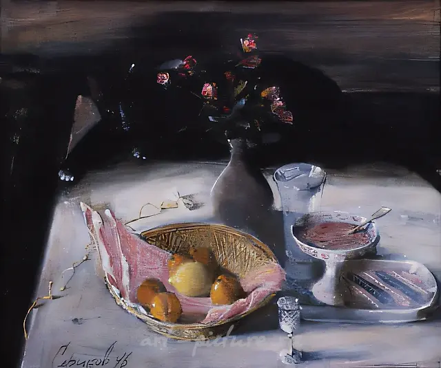 Still Life with a Cat, 1996, oil on canvas, tempera , 50x60