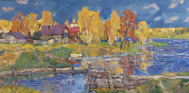 Village on Elnat River, 1997, oil on canvas, 50x100