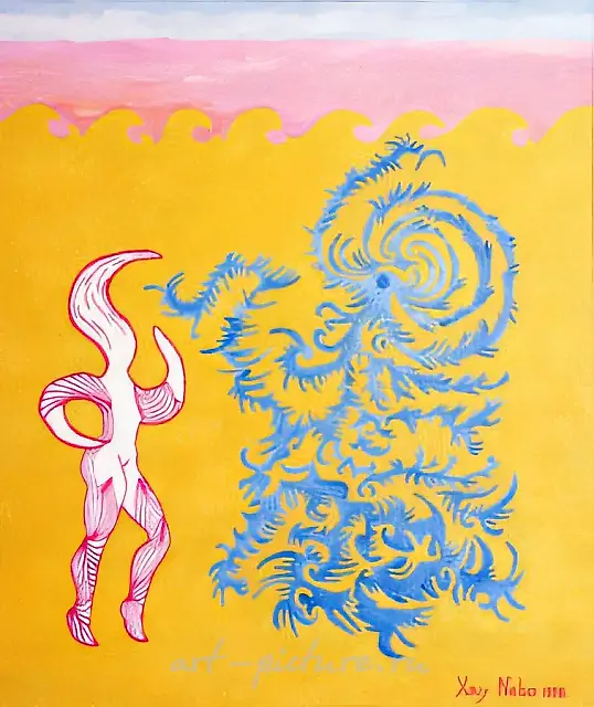 Octopus arrogantly lifted up a tentacle. Fights in the family of molluscs., 1998, canvas on cardboard, oil, 40x35 Author’s property