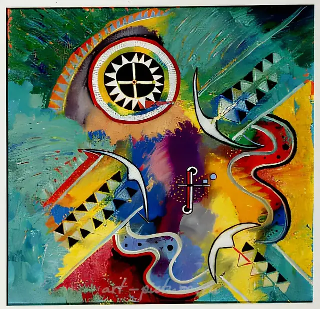 月亮与太阳，1990年，布面油画，60x60。作者自藏，5300美元