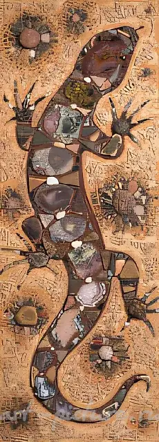 蜥蜴向上奔跑，1998年，马赛克（玛瑙、虎眼石、蛇纹石、翠绿玉、河卵石），140x55