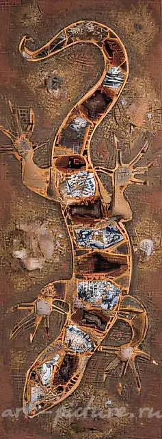 蜥蜴向下奔跑，1998年，马赛克（玛瑙、虎眼石、石英晶簇、河卵石），140x55