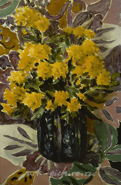 Yellow Chrysanthemums in a Blue Goblet, 1998, canvas, oil, 40x30