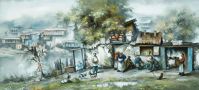 Мужской разговор., 1997, холст, масло, 46х100