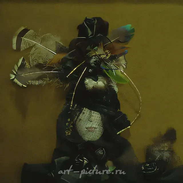 Stranger, 1996, collage: porcelain, textile, beads, feathers, 40x40