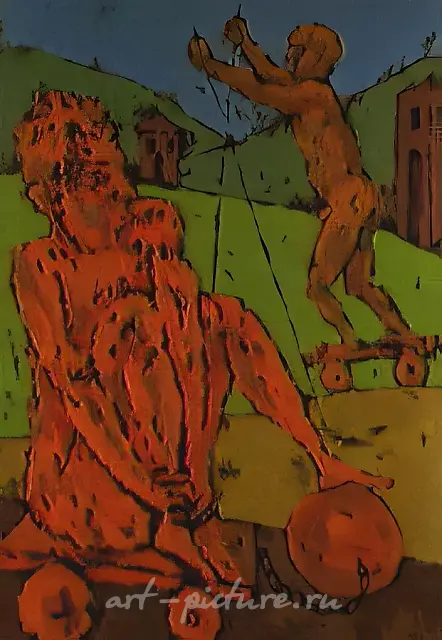 男孩在小推车上，1989年，纸本，油画，90x60厘米