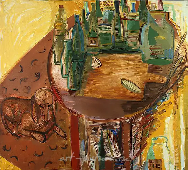 Empty dishes and dachshund, 1991, canvas, oil, 90x90