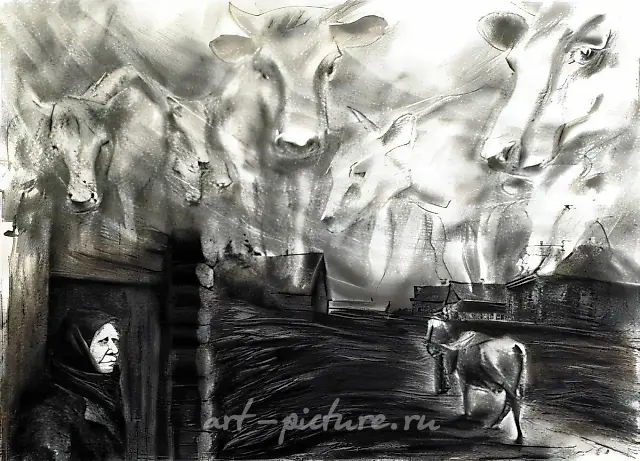 挤奶女工舒拉，1989年，水墨、粉彩、酱料、铅笔，47x64