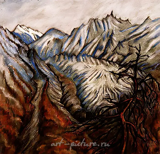 冰川旁的干松树，1992年，粉彩，60x60厘米，$200