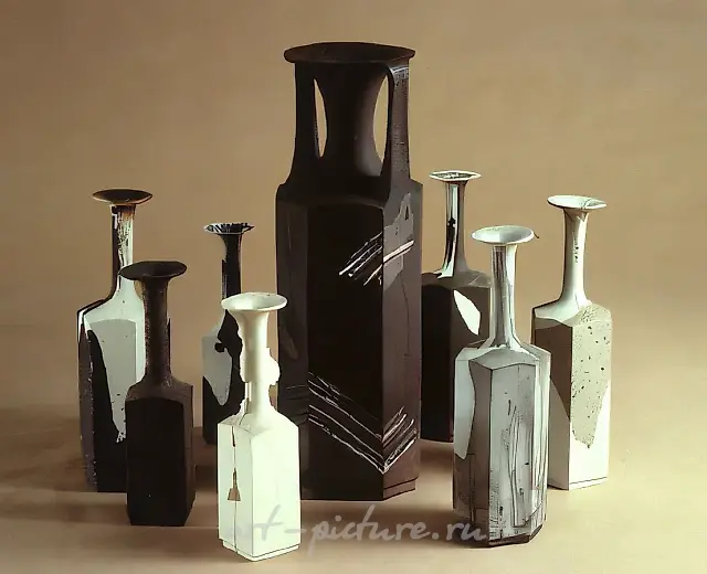 Geometrical composition, 1989, faience, porcelain, colored masses, h - 60, 40, 35 Author`s property