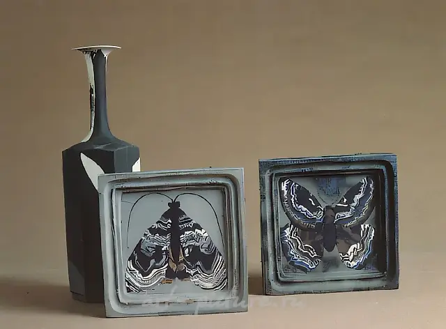 Butterfly-shaped plaquettes, geometrical vase, 1988, faience, colored masses, h - 40, 28x28 Author`s property