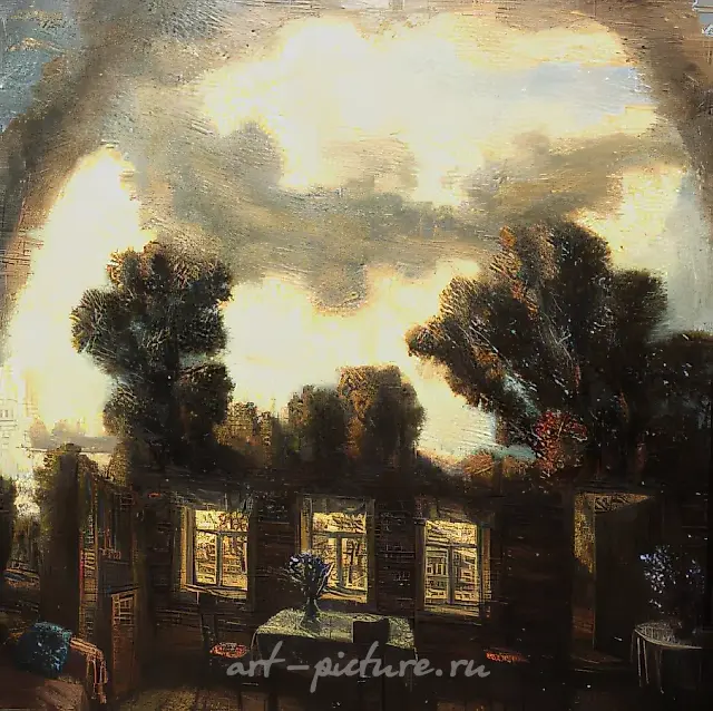 有深色树木的风景，1991年，布面油画，90×100厘米。私人收藏，巴黎。