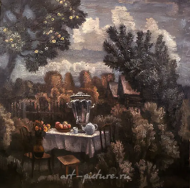 科罗博夫希纳的茶会，1990年，布面油画，150x150厘米，俄罗斯文化部藏