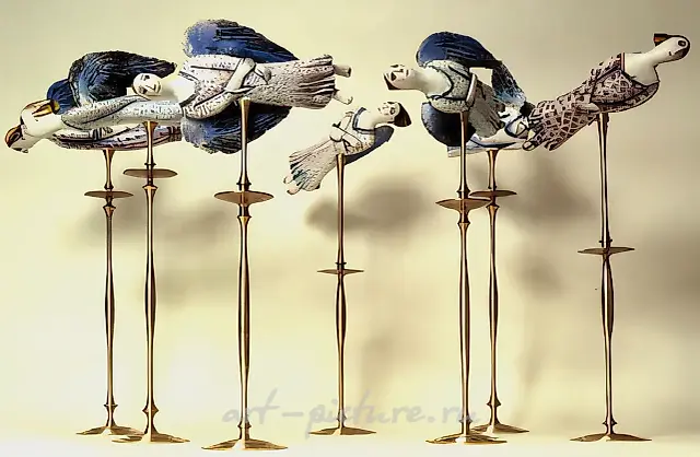 Composition "Flock", 1990, glazed chamotte, bronze, h - 35 cm Private collection. Italy.